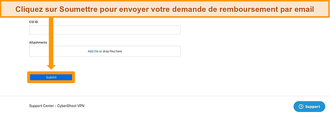 Capture d'écran montrant comment soumettre un ticket par e-mail à CyberGhost.