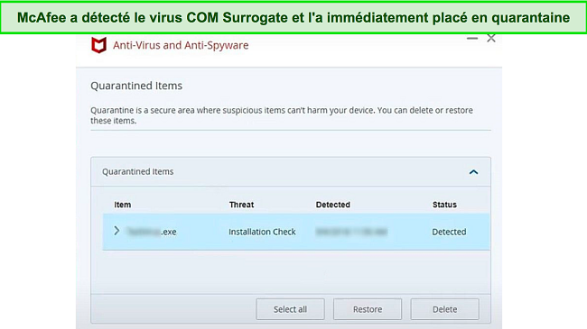 Capture d'écran montrant McAfee mettant en quarantaine un fichier malveillant