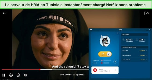 Capture d'écran de HMA connecté à un serveur en Tunisie pendant que Black Crown diffuse sur Netflix