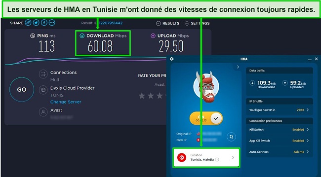 Capture d'écran d'un test de vitesse alors que HMA est connecté à un serveur en Tunisie