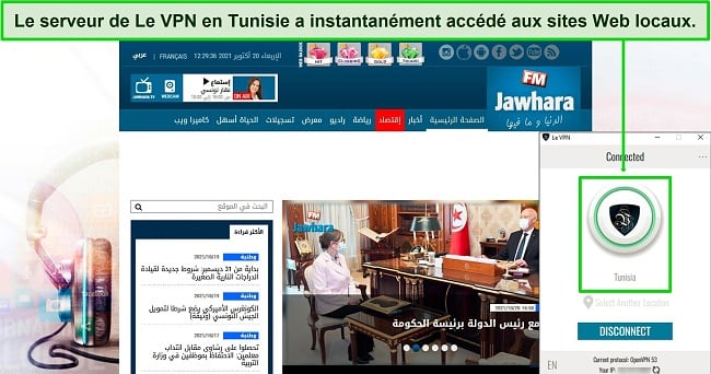 Capture d'écran de Le VPN connecté à un serveur en Tunisie alors que Firefox est ouvert à Jawharafm.com