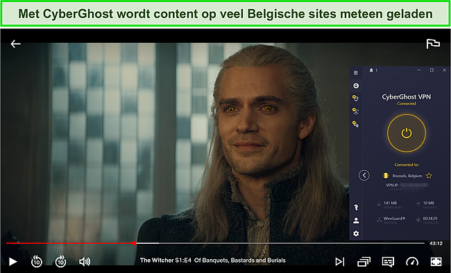 Screenshot van CyberGhost die The Witcher deblokkeert op Netflix België.