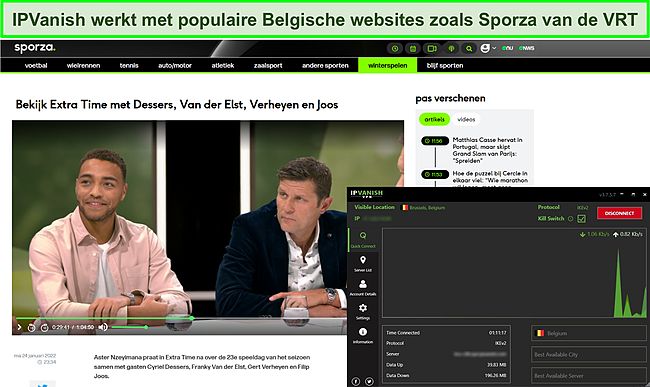 Screenshot van IPVanish die VRT Sporza in België deblokkeert.