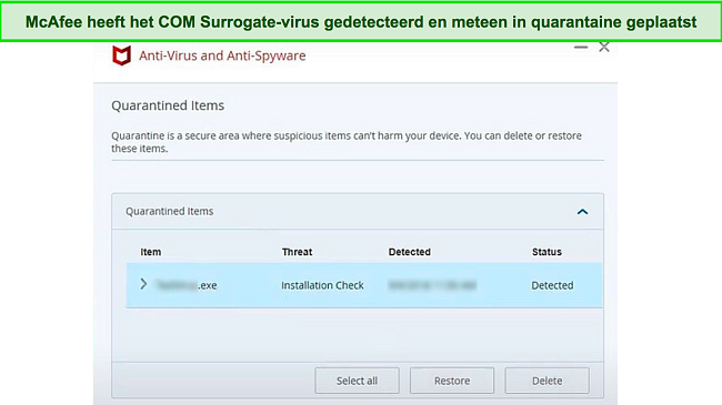 Screenshot van McAfee die malwarebestand in quarantaine plaatst