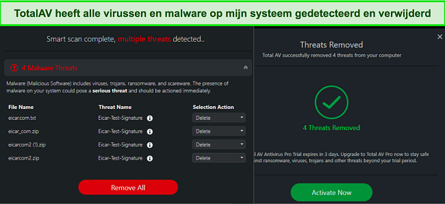 Screenshot van TotalAV die malwarebestanden verwijdert