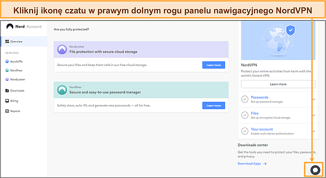Zrzut ekranu ikony czatu NordVPN, aby poprosić o czat na żywo z obsługą klienta.