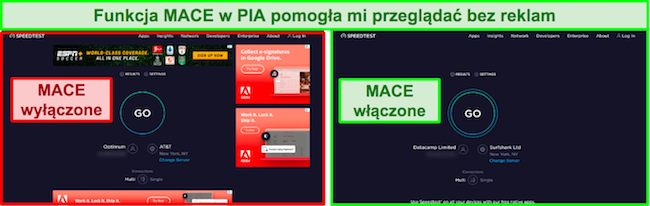 Zrzut ekranu przedstawiający reklamy usunięte ze strony internetowej po włączeniu MACE.