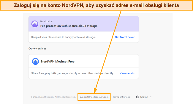 Zrzut ekranu adresu e-mail pomocy technicznej na koncie NordVPN.