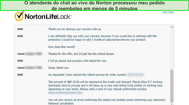 Captura de tela do agente de bate-papo ao vivo do Norton processando uma solicitação de reembolso.