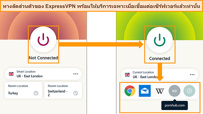 ภาพหน้าจอของแอป ExpressVPN ที่เชื่อมต่อและตัดการเชื่อมต่อจากเซิร์ฟเวอร์ โดยเน้นที่เมนูทางลัดของแอป/เว็บไซต์