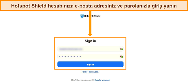Hotspot Shield'in oturum a&ccedil;ma ekranının ekran g&ouml;r&uuml;nt&uuml;s&uuml;.