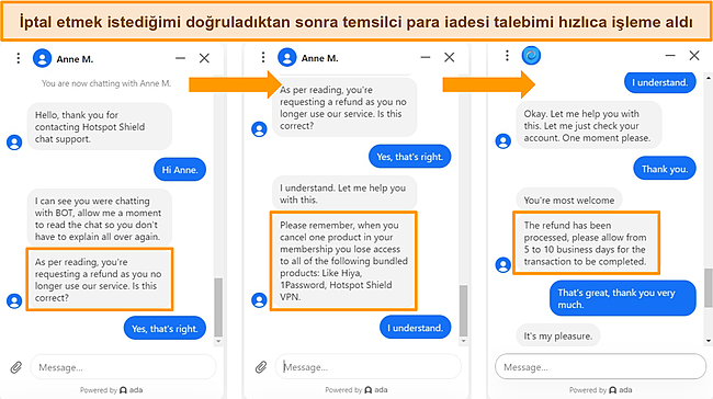 Hotspot Shield i&ccedil;in hizmet geri &ouml;demesini işleyen canlı sohbet aracısının ekran g&ouml;r&uuml;nt&uuml;s&uuml;.