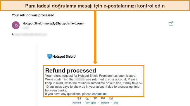 Hotspot Shield'den gelen geri ödeme onay e-postasının ekran görüntüsü.