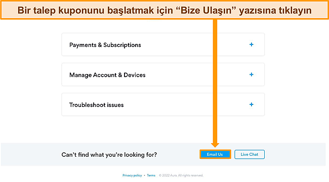 Hotspot Shield web sitesindeki destek men&uuml;s&uuml;n&uuml;n ekran g&ouml;r&uuml;nt&uuml;s&uuml;.