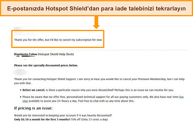 Geri ödeme için Hotspot Shield e-posta bilet formunun ekran görüntüsü.