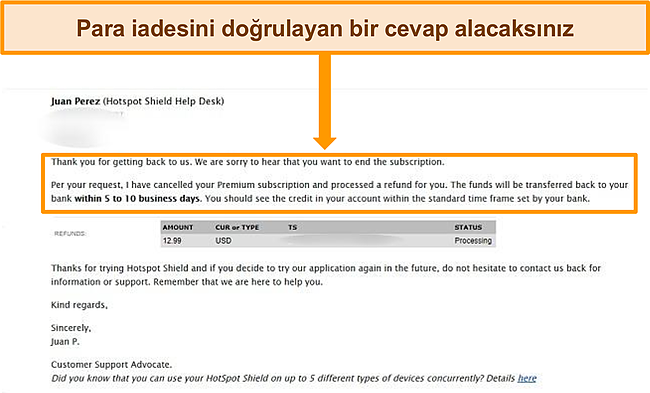 Hotspot Shield geri &ouml;deme onay e-postasının ekran g&ouml;r&uuml;nt&uuml;s&uuml;.