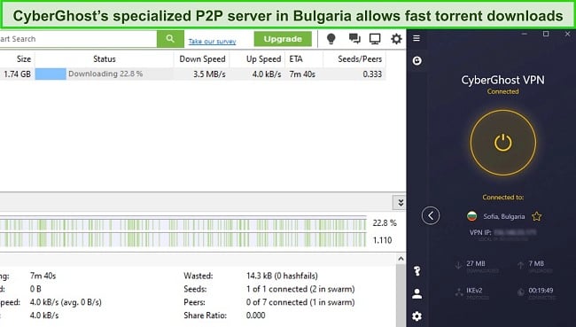 Screenshot of uTorrent downloading a movie file while CyberGhost is connected to a server in Bulgaria