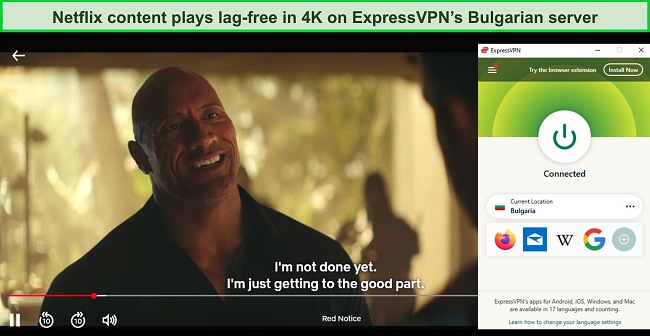 Screenshot of Red Notice playing on Netflix while ExpressVPN is connected to a server in Bulgaria