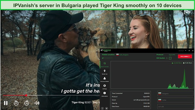 Screenshot of Tiger King season 2 streaming while IPVanish is connected to a server in Bulgaria