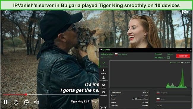 Screenshot of Tiger King season 2 streaming while IPVanish is connected to a server in Bulgaria