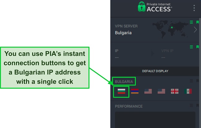 Screenshot of PIA's interface showing quick connect buttons