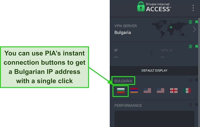 Screenshot of PIA's interface showing quick connect buttons