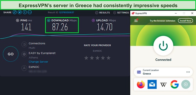 Screenshot of a speed test while ExpressVPN is connected to a server in Greece