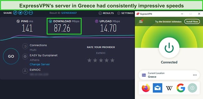 Screenshot of a speed test while ExpressVPN is connected to a server in Greece