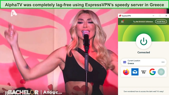 Screenshot of The Bachelor playing on AlphaTV while ExpressVPN is connected to a server in Greece
