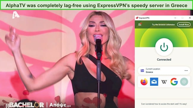 Screenshot of The Bachelor playing on AlphaTV while ExpressVPN is connected to a server in Greece