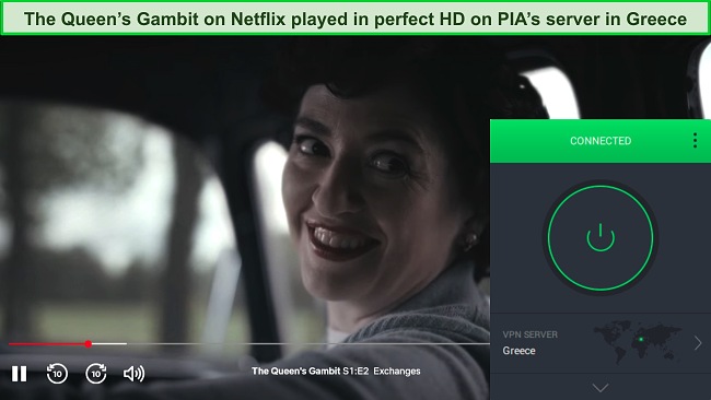 Screenshot of The Queen's Gambit playing on Netflix while PIA is connected to a server in Greece