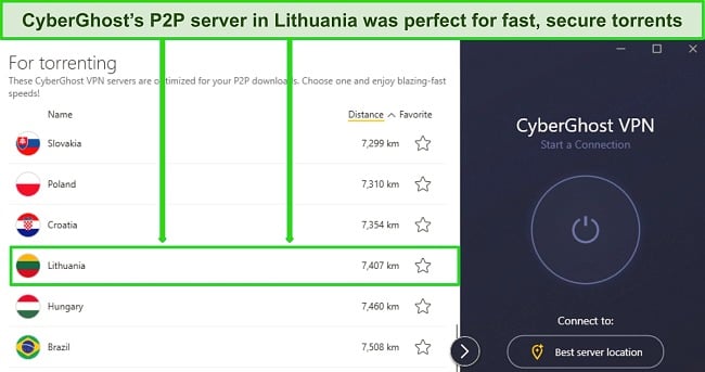 Screenshot of CyberGhosts P2P server menu showing a torrent-optimized server in Lithuania