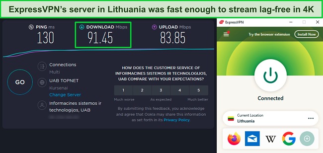 Screenshot of a speed test while ExpressVPN is connected to a server in Lithuania