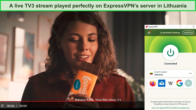 Screenshot of a live TV3 stream playing while ExpressVPN is connected to a server in Lithuania