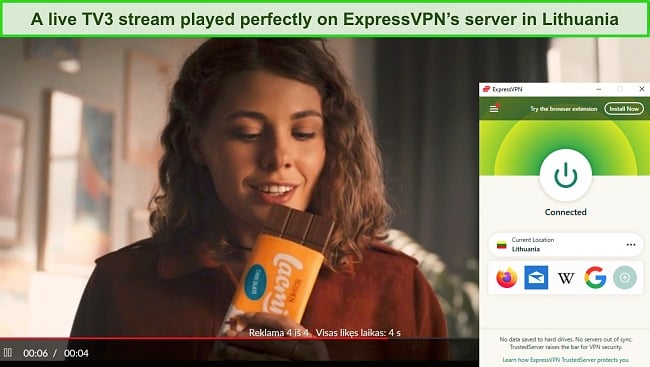 Screenshot of a live TV3 stream playing while ExpressVPN is connected to a server in Lithuania