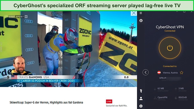 Screenshot of ORF streaming skiing live while CyberGhost is connected to a server in Austria