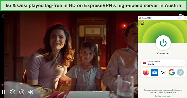 Screenshot of Isi & Ossi playing on Netflix while ExpressVPN is connected to a server in Austria