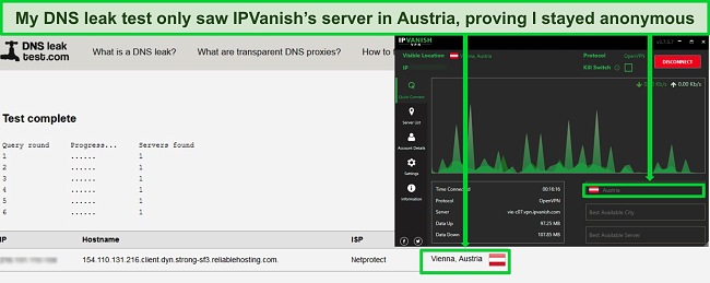 Screenshot of a passed DNS leak test while IPVanish is connected to a server in Austria
