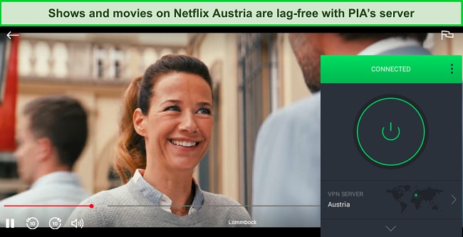 Screenshot of PIA connected to a server in Austria while Lommbock streams on Netflix