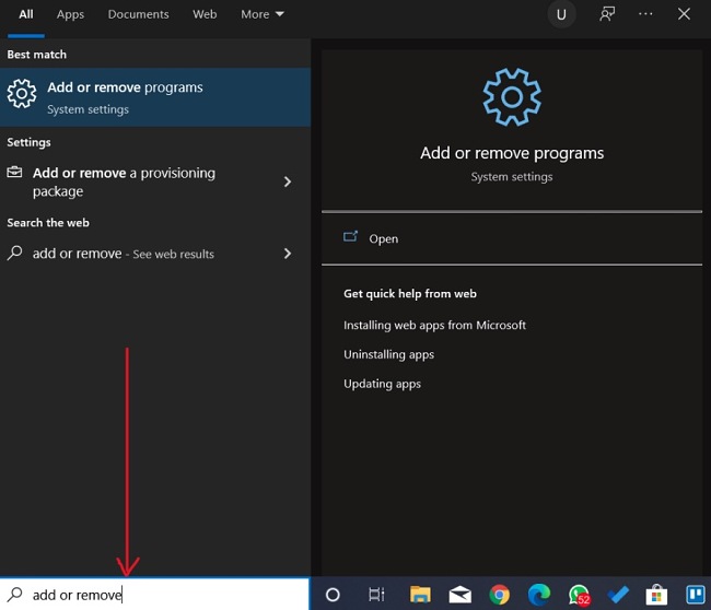 Microsoft OneDrive add or remove programs screenshot