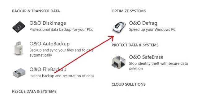O&O Defrag options screenshot