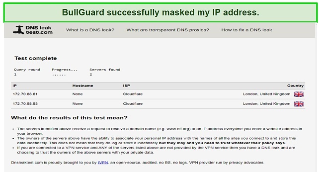 Screenshot of a successful DNS leak test.