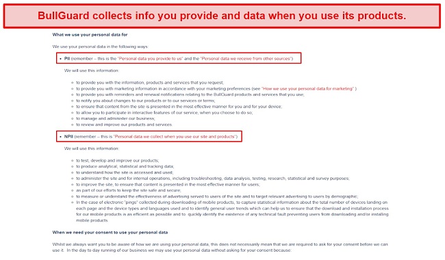 Screenshot of BullGuard's data collection and use policy.
