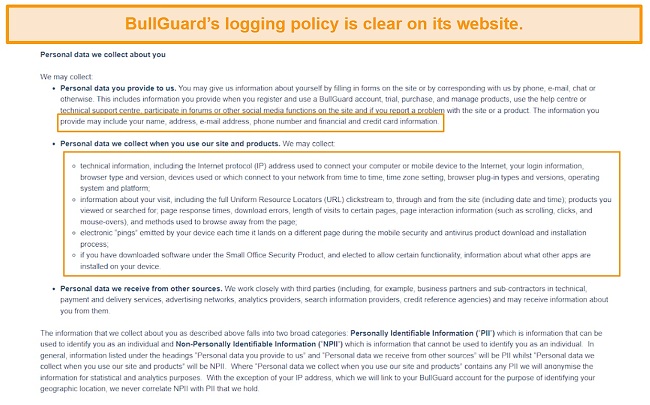 Screenshot of BullGuard's privacy policy.
