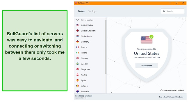 Screenshot of BullGuard's server interface and list.