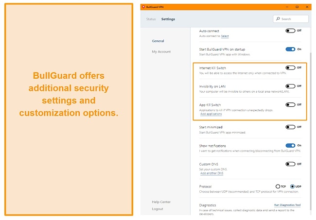 Screenshot of BullGuard's settings menu