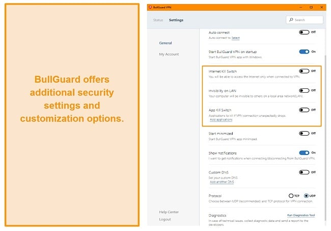 Screenshot of BullGuard's settings menu