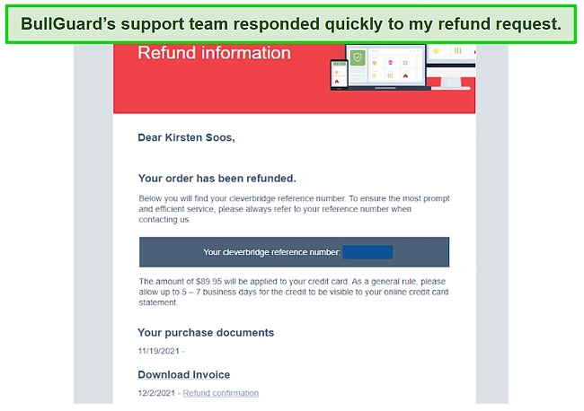 Screenshot of BullGuard's support team processing my refund request.