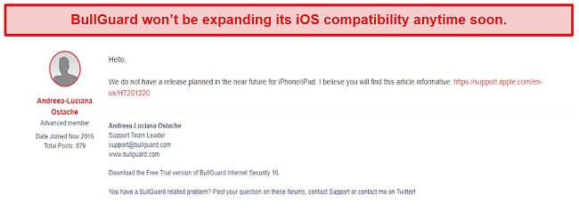 Screenshot showing iOS compatibility won't be added soon.