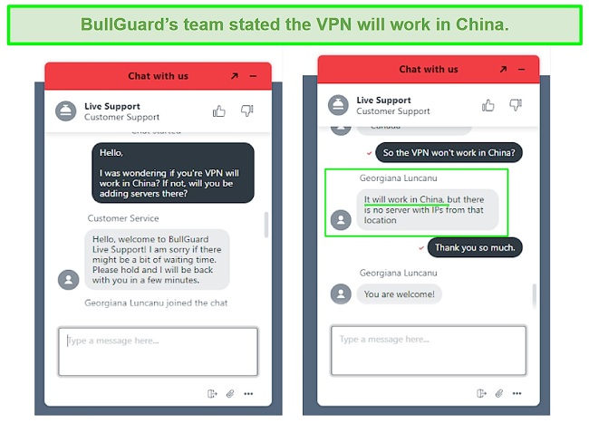 Screenshot of BullGuard team confirming VPN will work in China.